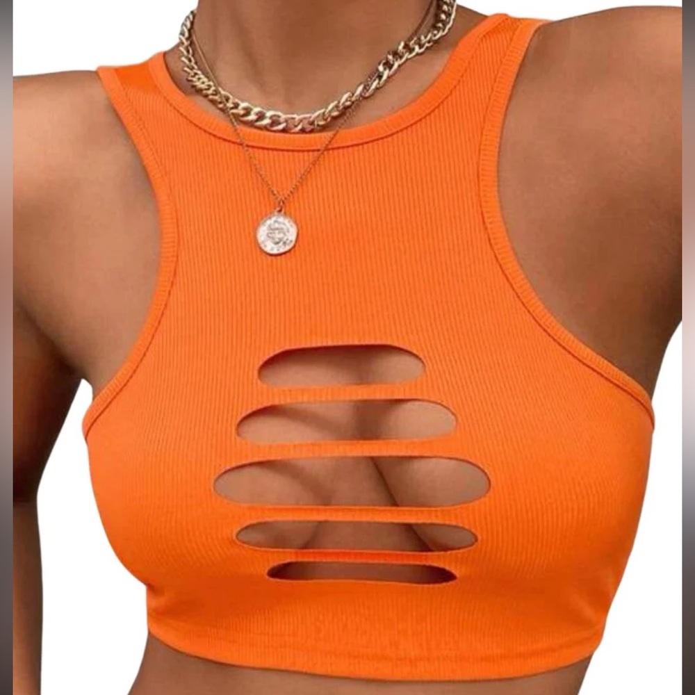 Orange Ribbed Cutout Tank Top